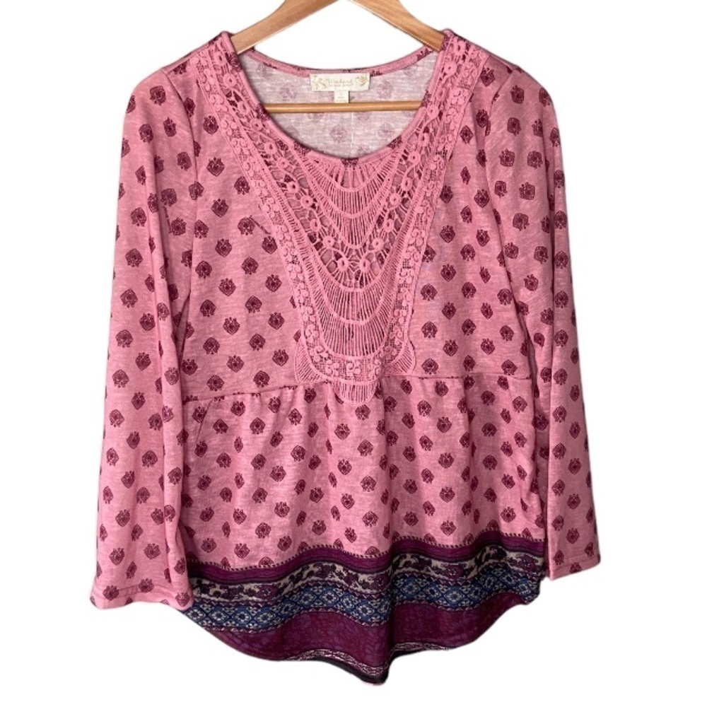 NWT Suzanne Betro Weekend Printed Crochet Bohemian Blouse